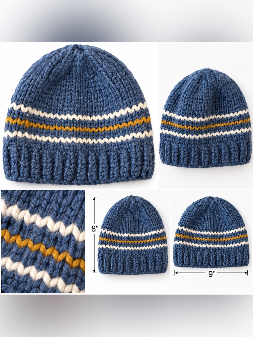 Source Unknown Blue Knit Kids Beanie with Cream & Gold Stripes